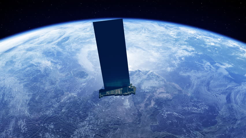 Starlink satellite orbiting in space, in the background the blue planet earth. Satellite aerial view that provides internet connection from space.  Royalty-Free Stock Footage #1103239393