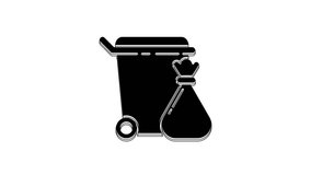 Black Trash can and garbage bag icon isolated on white background. Garbage bin sign. Recycle basket icon. Office trash icon. 4K Video motion graphic animation.