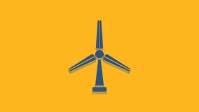 Blue Wind turbine icon isolated on orange background. Wind generator sign. Windmill for electric power production. 4K Video motion graphic animation.