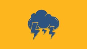 Blue Storm icon isolated on orange background. Cloud and lightning sign. Weather icon of storm. 4K Video motion graphic animation.