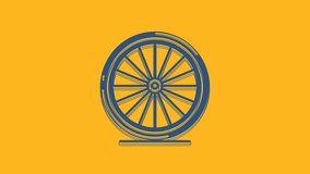 Blue Bicycle wheel icon isolated on orange background. Bike race. Extreme sport. Sport equipment. 4K Video motion graphic animation.