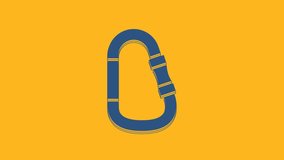 Blue Carabiner icon isolated on orange background. Extreme sport. Sport equipment. 4K Video motion graphic animation.