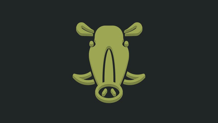 Green Wild boar head icon isolated on black background. Animal symbol. 4K Video motion graphic animation.