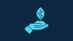 Blue Plant in hand of environmental protection icon isolated on blue background. Seed and seedling. Planting sapling. Ecology concept. 4K Video motion graphic animation.