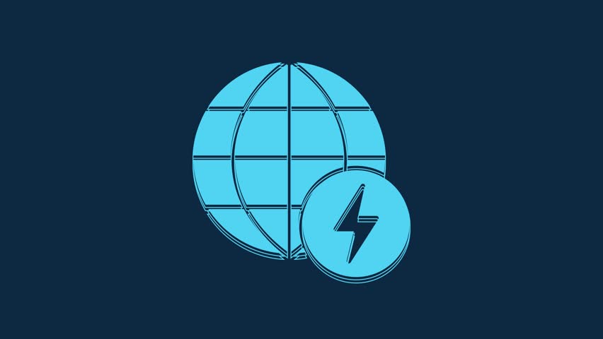 Blue Global energy power planet with flash thunderbolt icon isolated on blue background. Ecology concept and environmental. 4K Video motion graphic animation.