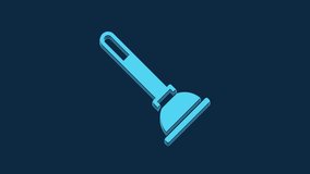 Blue Rubber plunger with wooden handle for pipe cleaning icon isolated on blue background. Toilet plunger. 4K Video motion graphic animation.