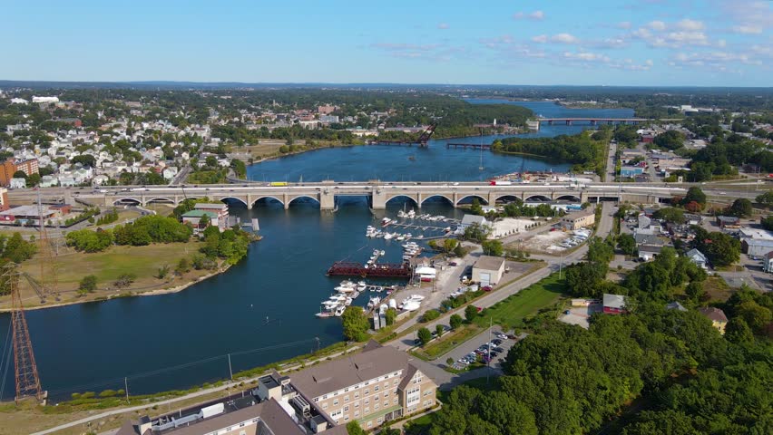 Aerial view of Washington Bridge between City of Providence and East Providence on Seekonk River in Rhode Island RI, USA. 