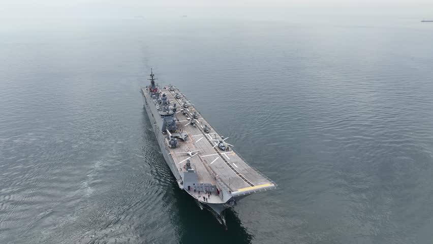warship aerial shot. Aircraft carrier aerial shot. TCG Anadolu warship