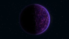Abstract looped spinning planet purple hi-tech luminous round sphere in space against the background of stars, video 4k, 60 fps