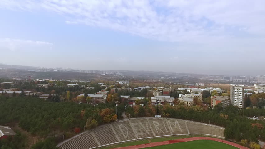 Middle East Technical University campus, Ankara, Türkiye. Aerial footage of Devrim stadium at METU Campus. 