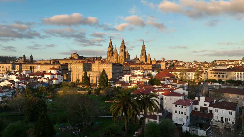 Aerial view of famous Cathedral of Santiago de Compostela. Travel destination in north of Spain Way of St James. Spain Royalty-Free Stock Footage #1103245249