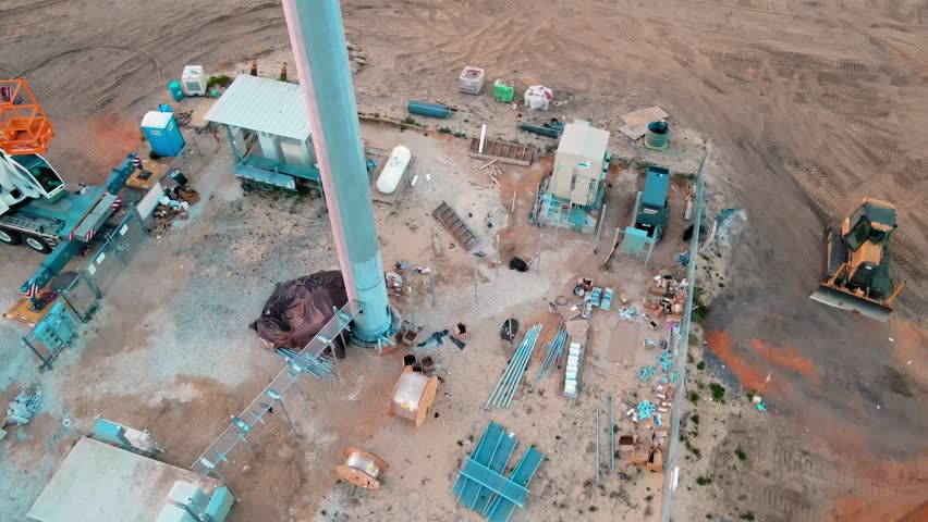 4k Drone video of the contruction site which is installing a cell tower with construction workers driving on heavy machinery equipment like excavators, bobcats, skid steers, and other heavy machinery