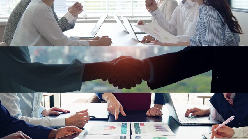 Collage movie of various business scenes concept. Wipe transition from white background. - Powered by Shutterstock - Get 15% off with code: PIKWIZARD15