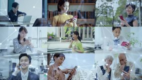 Collage movie of people using smart phones. Communication network concept. Wipe transition from white background. - Powered by Shutterstock - Get 15% off with code: PIKWIZARD15