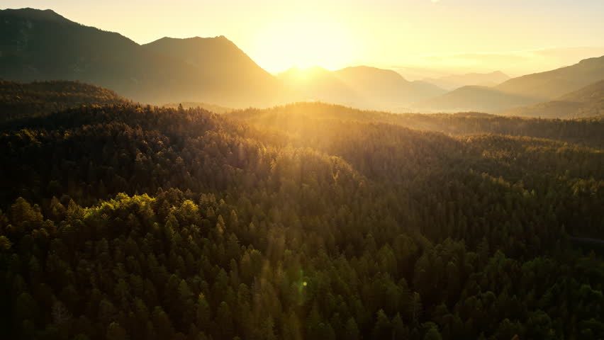 Bright rays of light at sunrise illuminating a mountain range in the Alps and the landscape in front of them with conifer forests on hills  | Shutterstock HD Video #1103262143