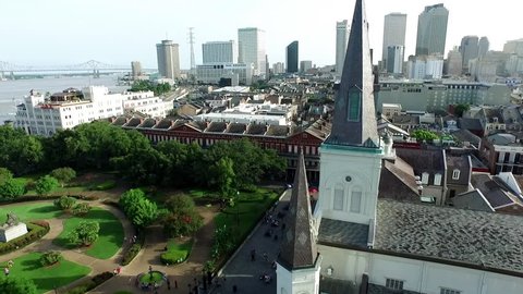 CIRCA NEW ORLEANS, LOUISIANA JULY 2015: Aerial view circling the St. Louis Cathedral in New Orleans French Quarter