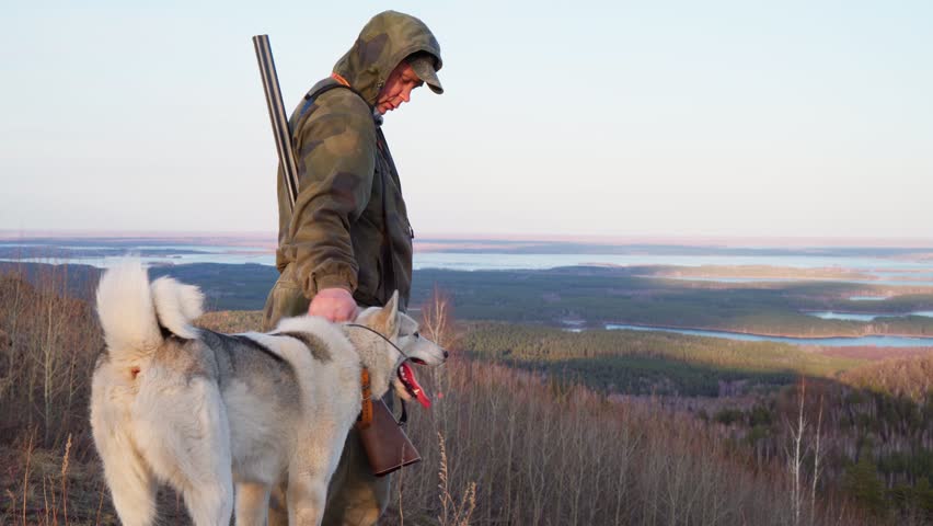A hunter with a gun and a dog stands on top of a mountain. The hunter is looking for prey. Hunting in the forest.