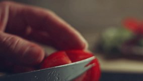 Steam transformation effect of woman's hands using kitchen knife cutting fresh tomato on cutting board. Healthy eating. - Powered by Shutterstock - Get 15% off with code: PIKWIZARD15