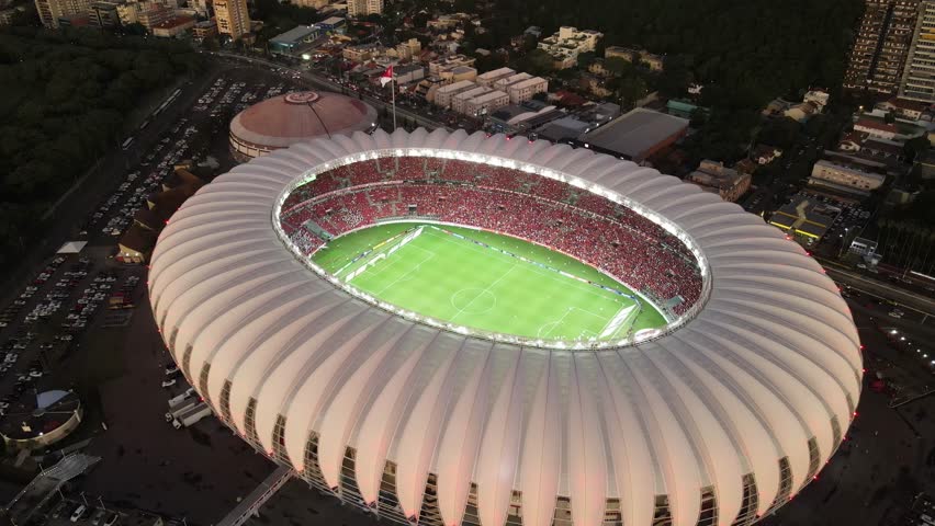 Football stadium in Porto Alegre. Stadium known as Beira Rio, for the Internacional soccer team.
Aerial footage catching the edge of Guaiba Royalty-Free Stock Footage #1103271261
