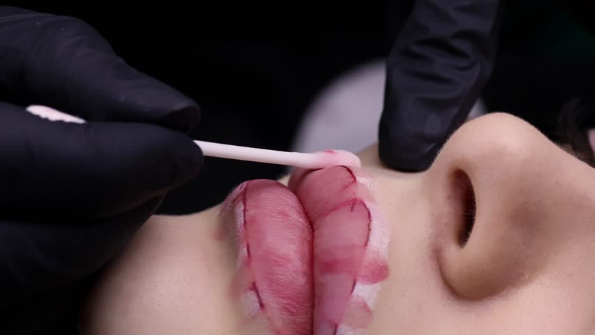 Procedure of permanent lip make-up master erases lip contour with a cotton swab to evaluate the result of the tattoo. High quality 4k footage Royalty-Free Stock Footage #1103271809