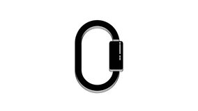 Black Carabiner icon isolated on white background. Extreme sport. Sport equipment. 4K Video motion graphic animation.