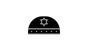 Black Jewish kippah with star of david icon isolated on white background. Jewish yarmulke hat. 4K Video motion graphic animation.