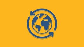 Blue Planet earth and a recycling icon isolated on orange background. Environmental concept. 4K Video motion graphic animation.