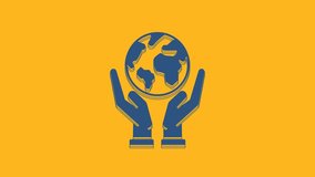 Blue Human hands holding Earth globe icon isolated on orange background. Save earth concept. 4K Video motion graphic animation.