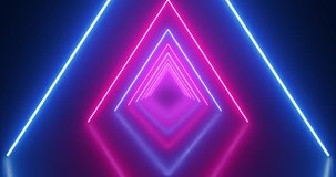 Neon glowing triangle tunnel with blue light lines moving fast. Background futuristic corridor with neon lights. Seamless loop 3d render, , Modern neon light