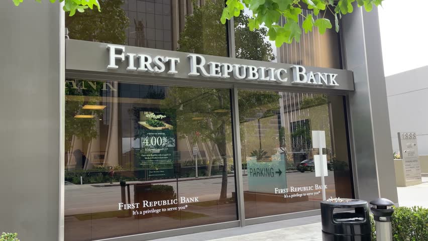 LOS ANGELES, May 1st, 2023: First Republic Bank exterior with logo in Century City, California. After the nation's second largest bank failure, First Republic Bank was sold to JP Morgan Chase.