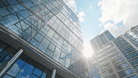 High rise skyscrapers cityscape low angle dolly shot, financial district looking up modern architecture office buildings, city business center downtown, wide shot gimbal, sunny day, view from below - Powered by Shutterstock - Get 15% off with code: PIKWIZARD15