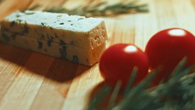 Steam transformation effect of We cut cheese Danish Blue Cheese and tomatoes . 4K video