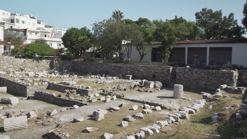 The ruins of the Mausoleum at Halicarnassus (Tomb of Mausolus) in Bodrum, Turkey. The Mausoleum is one of the Seven Wonders of the Ancient World and a popular tourist attraction in Turkey.
