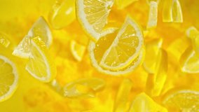 Super slow motion of flying lemon slices on black background. Filmed on high speed cinema camera, 1000 fps. Camera placed on high speed cine bot, tracking the object. - Powered by Shutterstock - Get 15% off with code: PIKWIZARD15
