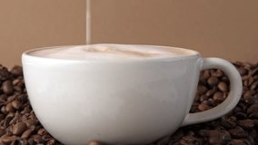 Drop of milk falling in a white cup with black coffee. Side View. Slow Motion. Coffee droplet. Roasted coffee beans background. Freshly brewed latte cappuccino. Close up. Coffee product advertising. - Powered by Shutterstock - Get 15% off with code: PIKWIZARD15