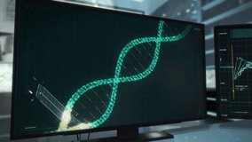 Modern Research Lab Scientific Screen Projection Of DNA Helix For Advanced Genetic Research. Scientific Bio Lab Genetic Helix Experimental Research. Scientific DNA Helix Study At Modern Lab. UI - Powered by Shutterstock - Get 15% off with code: PIKWIZARD15