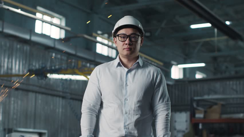 Asian male wearing white shirt, safety glasses and hard hat looks at camera. Engineer surrounded by equipment stands in background of work process with crossed armes and smiles.
