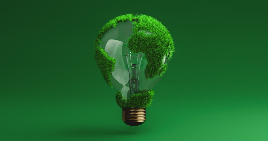 Rotating Earth in the form of a luminous light bulb. Green grass continents. Green energy, planet protection, sustainable development, ecology, renewable resources. Royalty-Free Stock Footage #1103294027