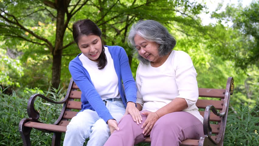 Happy senior mother with gray hair talk and laugh with daughter or caregiver in the park. Concept of happy retirement with care from a caregiver and Savings and senior health insurance, senior care Royalty-Free Stock Footage #1103295731