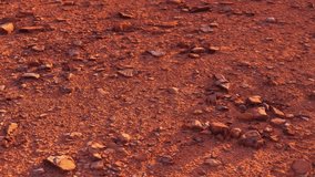 Surface of the Mars planet, Loop 4K footage of the Red Martian ground, Dolly camera motion. Rough dusty soil in a desert on the Mars. 3D Illustration