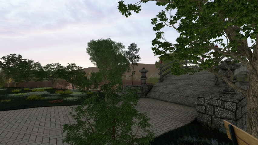 Water bridge in the park at sunset, 4K