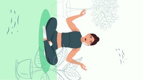 Animation or motion graphic A young girl sitting in a lotus position and meditating in a yoga class on the background of plants seamless vertical video