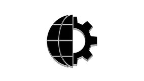 Black Globe of the Earth and gear or cog icon isolated on white background. Setting parameters. Global Options. 4K Video motion graphic animation.