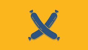 Blue Crossed sausage icon isolated on orange background. Grilled sausage and aroma sign. 4K Video motion graphic animation.