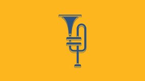 Blue Musical instrument trumpet icon isolated on orange background. 4K Video motion graphic animation.