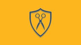 Blue Scissors hairdresser and shield icon isolated on orange background. Hairdresser, fashion salon and barber sign. Barbershop symbol. 4K Video motion graphic animation.