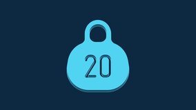 Blue Kettlebell icon isolated on blue background. Sport equipment. 4K Video motion graphic animation.