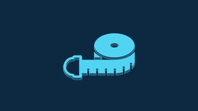 Blue Tape measure icon isolated on blue background. Measuring tape. 4K Video motion graphic animation.