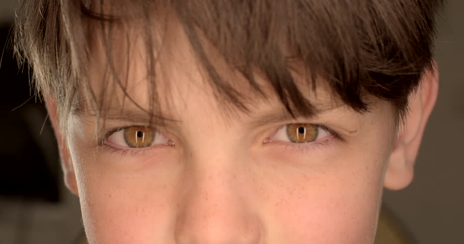 Attentive look of a child boy. He keeps his eyes on the spot, the confidence, high self-esteem of a teenager. Lowering his eyebrows down, he looks from under his forehead. Tight look. Royalty-Free Stock Footage #1103316407