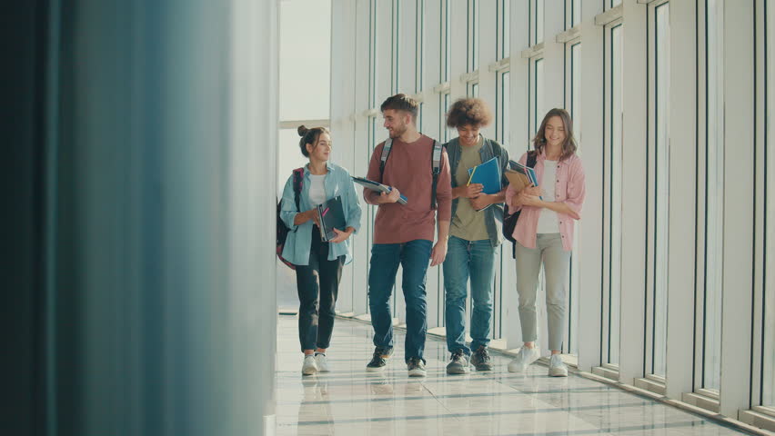 A Group of Students Walk to the Classroom and Talking Walking With Books in College Hall. Young Leaders. Cultural Diversity in Education and Society Royalty-Free Stock Footage #1103318901